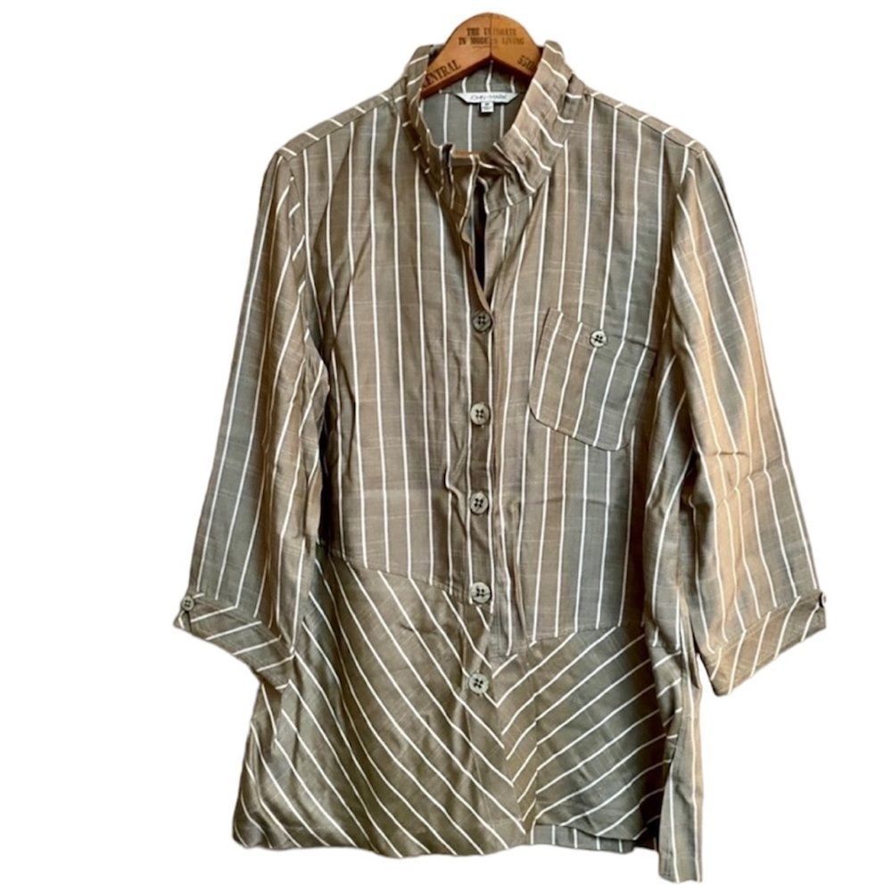 John Mark olive green and white striped asymmetrical buttondown top